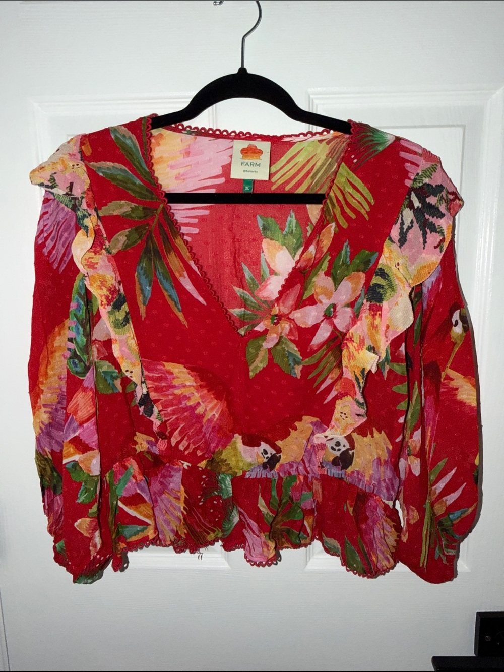 FARM Rio Red Tropical Floral Ruffle V-Neck Blouse
